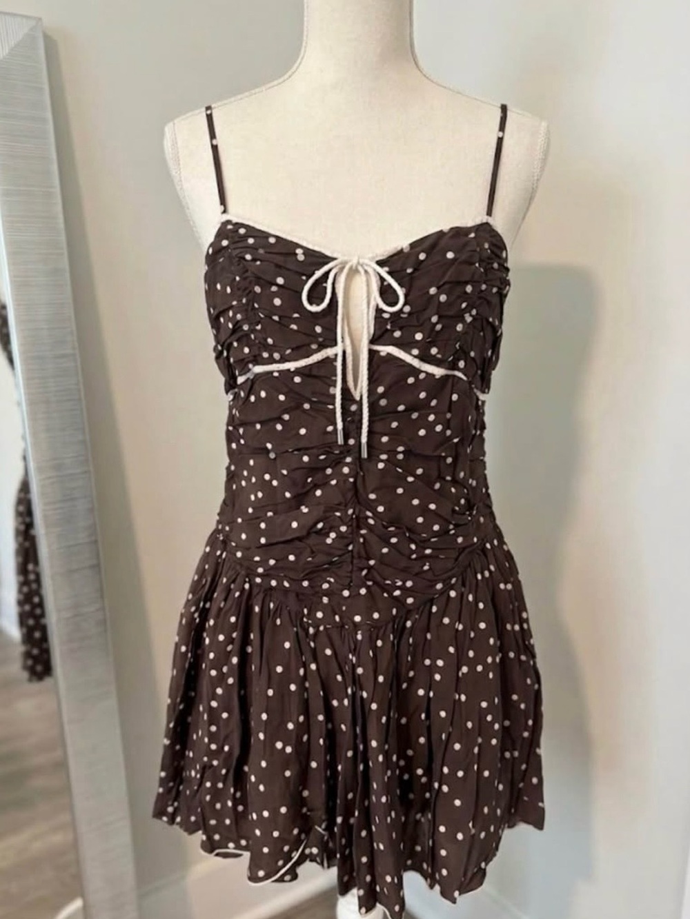Free People Brown Polka Dot Tie-Front Mini Dress